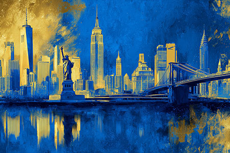 New York Skyline in Blau und Gold Gemälde Kunstdruck auf Leinwand, Acrylglas oder als Poster