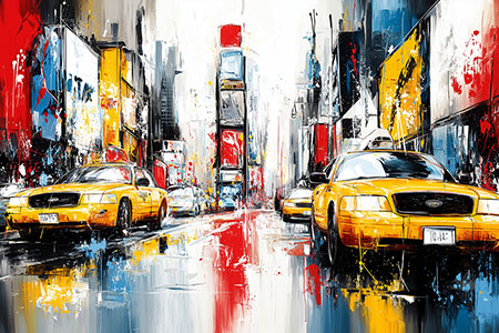 New Yorker Taxis vor dem Times  Square Gemälde als Kunstdruck, Leinwandbild, Acrylglasbild, auf Alu-Dibond oder als Poster.