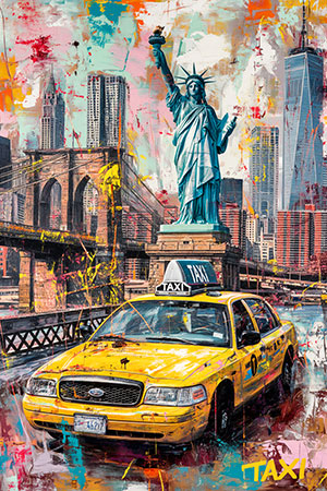 New York Taxi - New York Taxi, Freiheitsstatue und Brooklyn Bridge Collage im Pop Art Stil auf Leinwand, Acrylglas, Alu-Dibond oder als Poster