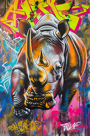 Graffiti Nashorn - modernes Streetart Motiv als Kunstdruck auf Leinwand, Acrylglas, Alu-Dibond oder als Poster