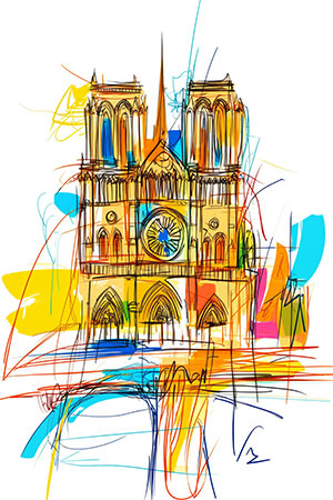 Notre-Dame Illustration - Wandbild im Stil eines Gemäldes auf Leinwand, Acrylglas, Alu-Dibond oder als Poster
