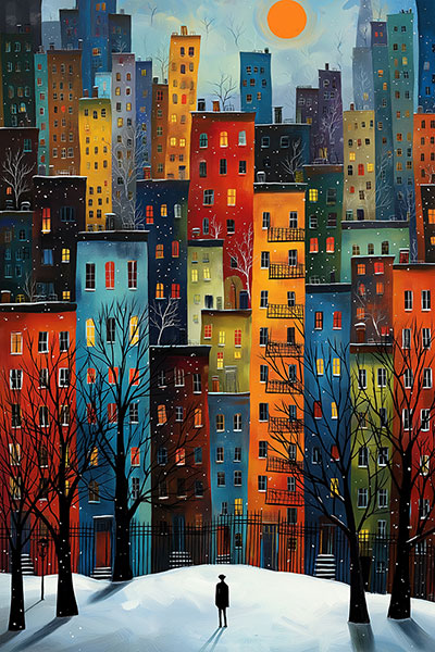 Metropole im Winterschlaf - Modernes Gemälde als Kunstdruck auf Leinwand, Acrylglas oder als Poster