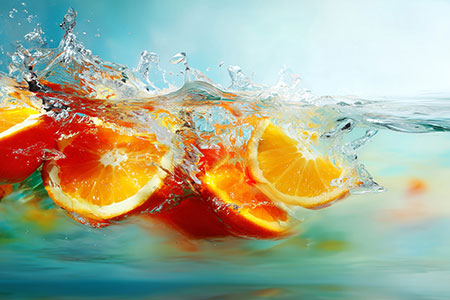 Orangenscheiben im spritzigen Wasser als Kunstdruck auf Leinwand, Acrylglas oder als Poster