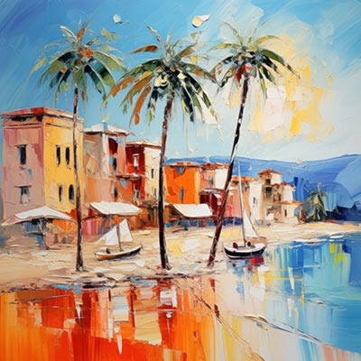 Traumhafter Strand - modernes Wandbild im Stil eines Gemäldes als Kunstdruck auf Leinwand, Acrylglas, Alu-Dibond oder als Poster