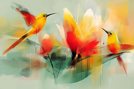 Kolibris und tropische Blumen, Bild auf Leinwand, Acrylglas oder als Poster