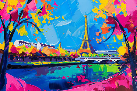 Buntes Paris - Modernes Gemälde als Kunstdruck auf Leinwand, Acrylglas, Alu-Dibond oder als Poster