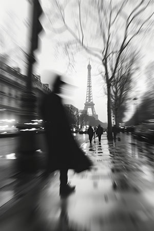 Paris Impression - Impression von Eiffelturm und Passanten in schwarzweiß im Stil einer kreativen Fotografie als Kunstdruck auf Leinwand, Acrylglas, Alu-Dibond oder als Poster