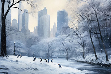 Pinguine im Central Park - modernes Wandbild als Kunstdruck auf Leinwand, Acrylglas, Alu-Dibond oder als Poster