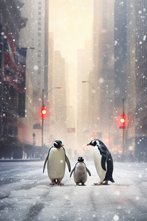 Pinguine in New York - modernes Wandbild als Kunstdruck auf Leinwand, Acrylglas, Alu-Dibond oder als Poster
