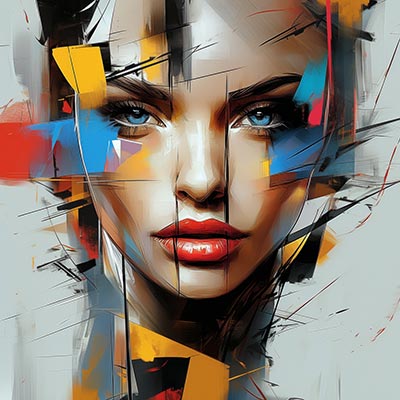 Buntes fragmentiertes Porträt als Gemälde - Bild auf Leinwand, Acrylglas, Alu-Dibond, als Poster oder auch Akustikbild.