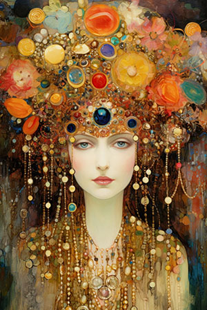 Königin im Stil von Klimt - modernes Wandbild im Stil eines Gemäldes als Kunstdruck auf Leinwand, Acrylglas, Alu-Dibond oder als Poster