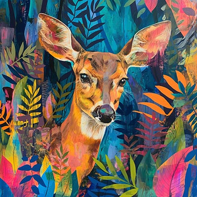 Scheues Reh - Modernes buntes Gemälde eines Rehs, hochwertiges Wandbil auf Leinwand, Acrylglas, Alu-Dibond oder als Poster