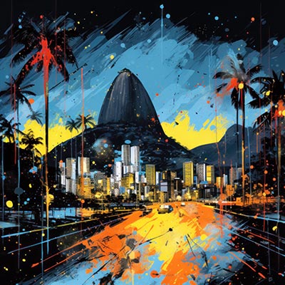 Rio de Janeiro bei Nacht - modernes Wandbild im Stil eines Gemäldes als Kunstdruck auf Leinwand, Acrylglas, Alu-Dibond oder als Poster