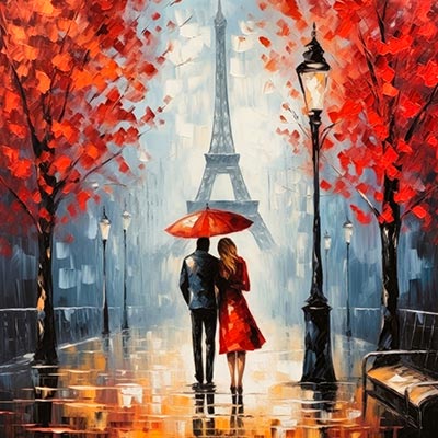 Romantischer Spaziergang in Paris - Kunstdruck eines modernen digitalen Gemäldes auf Leinwand, Acrylglas, Alu-Dibond oder als Poster