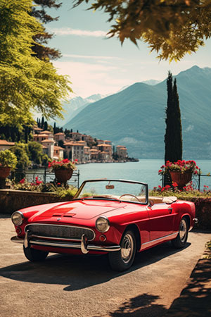 Rotes Oldtimer-Cabrio - modernes Wandbild im Stil eines Gemäldes als Kunstdruck auf Leinwand, Acrylglas, Alu-Dibond oder als Poster