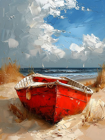 Rotes Boot am Strand - Maritimes Gemälde als Kunstdruck auf Leinwand, Acrylglas, Alu-Dibond oder als Poster