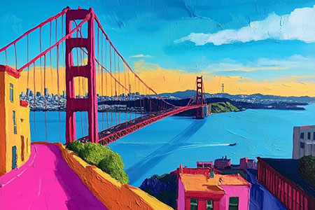 Golden Gate - Blick über die Buch vor San Francisco, Wandbild im Stil eines Gemäldes auf Leinwand, Acrylglas, Alu-Dibond oder als Poster