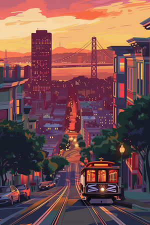 San Francisco Sunset - Modernes Wandbild im Stil einer Vektorillustration auf Leinwand, Acrylglas, Alu-Dibond oder als Poster