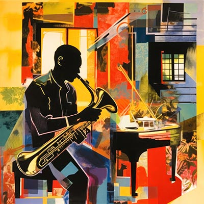 Saxophonspieler - modernes Wandbild im Stil eines Gemäldes als Kunstdruck auf Leinwand, Acrylglas, Alu-Dibond oder als Poster