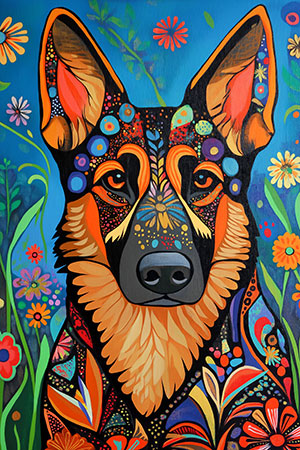 Bunter Schäferhund - Wandbild im Stil eines Gemäldes auf Leinwand, Acrylglas, Alu-Dibond oder als Poster