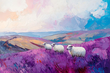 Schafe in einer Heidelandschaft - Wandbild im Stil eines Gemäldes als Kunstdruck auf Leinwand, Acrylglas, Alu-Dibond oder als Poster