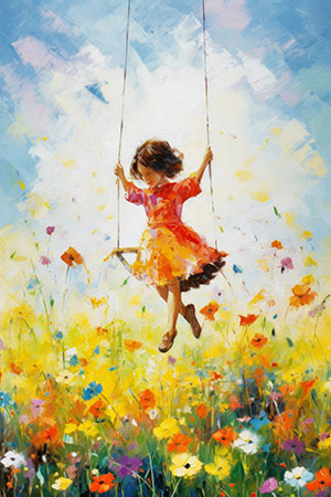 Schaukelndes Mädchen auf einer Blumenwiese - moderne Illustration als Kunstdruck auf Leinwand, Acrylglas, Alu-Dibond oder als Poster