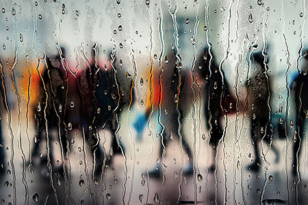 Verregneter Blick - Modernes Wandbild von Menschen im Regen im Stil einer Fotografie als Kunstdruck auf Leinwand, Acrylglas, Alu-Dibond oder als Poster
