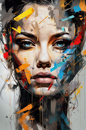 Frau mit abstrakten bunten Strichen - modernes digitales Gemälde Wandbild auf Leinwand oder Acrylglas