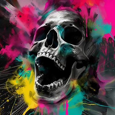 Pop Art Totenkopf - Wandbild im Stil eines Gemäldes auf Leinwand, Acrylglas, Alu-Dibond oder als Poster