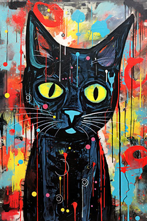 Bunte schwarze Katze - modernes digitales Gemälde Wandbild auf Leinwand oder Acrylglas