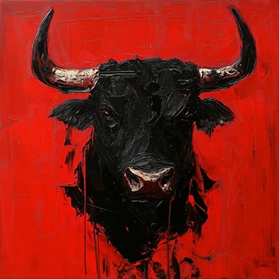 Schwarzer Stier - Stiergemälde auf rotem Hintergrund als Kunstdruck auf Leinwand, Acrylglas, Alu-Dibond oder als Poster