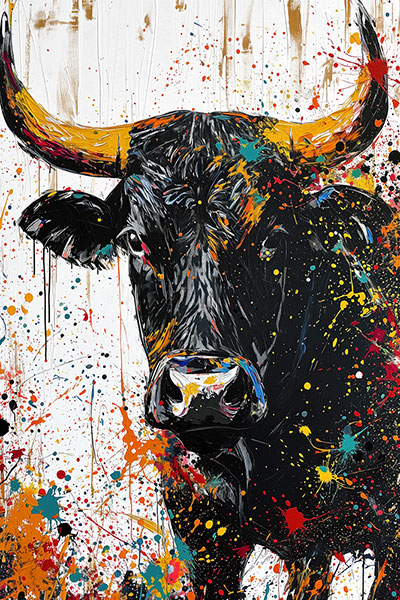 Schwarzer Stier mit bunten Farbspritzern Gemälde Kunstdruck auf Leinwand, Acrylglas oder als Poster