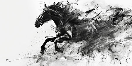 Schwarzes Pferd - Modernes Pferde Wandbild auf weißem Hintergrund im Stil eines Gemäldes auf Leinwand, Acrylglas, Alu-Dibond oder als Poster