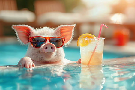 Lustiges Schwein im Pool - Wandbild im Stil einer Fotografie auf Leinwand, Acrylglas, Alu-Dibond oder als Poster