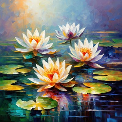 Seerosentraum - modernes florales Wandbild im Stil eines Gemäldes als Kunstdruck auf Leinwand, Acrylglas, Alu-Dibond oder als Poster