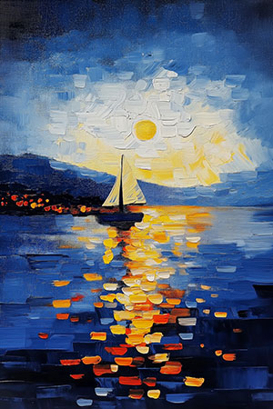 Segelboot bei Sonnenuntergang - Landschaftsgemälde als Kunstdruck auf Leinwand, Acrylglas, Alu-Dibond oder als Poster
