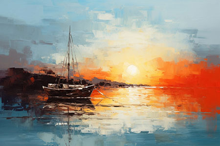 Segelboot bei Sonnenuntergang - modernes Wandbild im Stil eines impressionistischen Gemäldes als Kunstdruck auf Leinwand, Acrylglas, Alu-Dibond oder als Poster