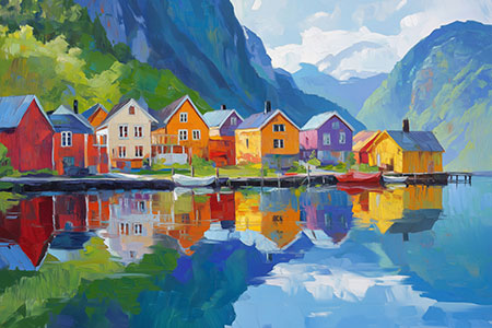 Sommer am Fjord - Norwegische Landschaft mit Dorf im Stil eines Gemäldes auf Leinwand, Acrylglas, Alu-Dibond oder als Poster