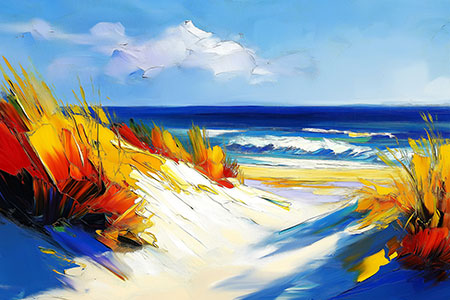 Meerblick durch Dünen - Nordseebild Ostseebild im Stil eines Gemäldes auf Leinwand, Acrylglas, Alu-Dibond oder als Poster