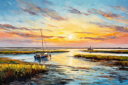 Sonnenuntergang am Bodden - modernes Wandbild als Kunstdruck auf Leinwand, Acrylglas, Alu-Dibond oder als Poster
