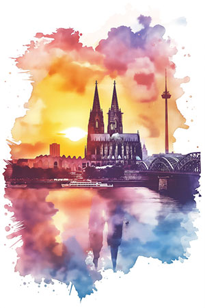 Köln wie gemalt - Kölner Dom und Hohenzollernbrücke im Stil eines Aquarell-Gemäldes auf Leinwand, Acrylglas, Alu-Dibond oder als Poster