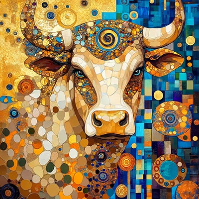 Stier im Stil Gustav Klimts, modernes Wandbild auf Leinwand, als Acrylglasbild, auf Alu-Dibond oder als Poster