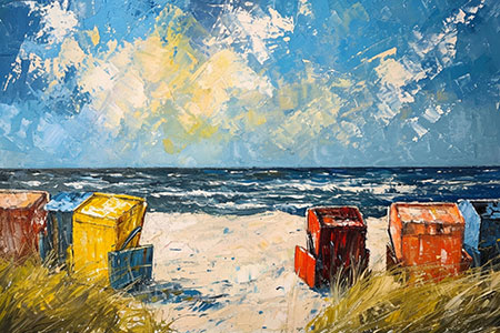 Strandkörbe am Meer - Maritimes Bild im Stil eines Gemäldes als Kunstdruck auf Leinwand, Acrylglas, Alu-Dibond oder als Poster