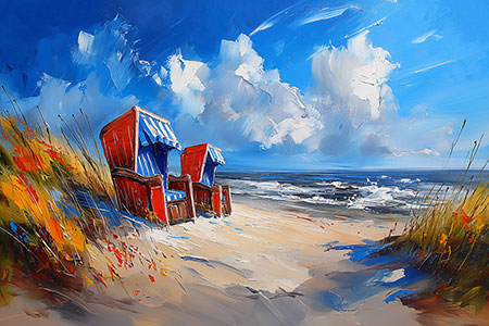 Strandkörbe in den Dünen - Modernes Gemälde als Kunstdruck auf Leinwand, Acrylglas oder als Poster