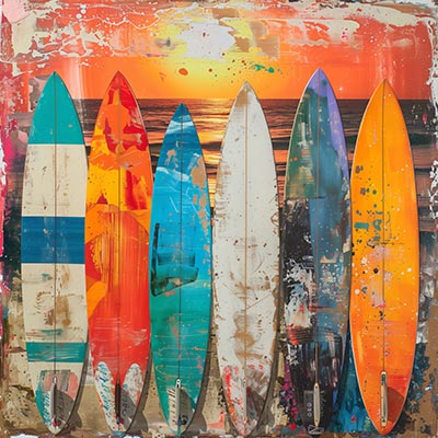 Surfbretter - modernes Wandbild im Stil einer Fotocollage als Kunstdruck auf Leinwand, Acrylglas, Alu-Dibond oder als Poster