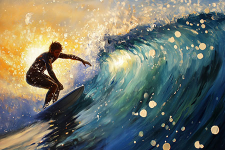 Glitzernde Welle - Modernes Surfer Wandbild im Stil eines Gemäldes auf Leinwand, Acrylglas, Alu-Dibond oder als Poster