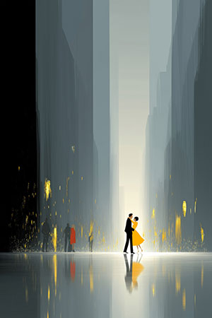 Ein tanzendes Paar im Regen – stimmungsvolle Szene voller Bewegung und Licht, eingefangen in einem zeitgenössischen Kunstdruck auf Leinwand mit emotionaler Tiefe.