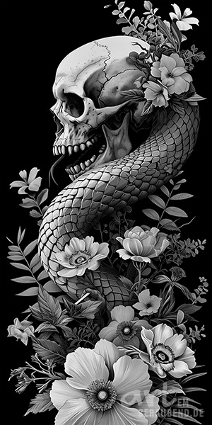Vergänglichkeit - schwarzweißes Motiv mit Totenkopf, Schlange und Blumen im Stil eines Tattoos, Bild auf Leinwand, Acrylglas, Alu-Dibond oder als Poster