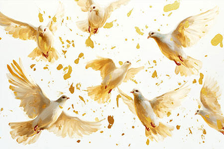 Friedvolle weiße Tauben fliegen in einem Gold-Akzent-Sturm – eleganter Leinwanddruck mit spiritueller Leichtigkeit, ideal für meditative Räume oder Schlafzimmer.