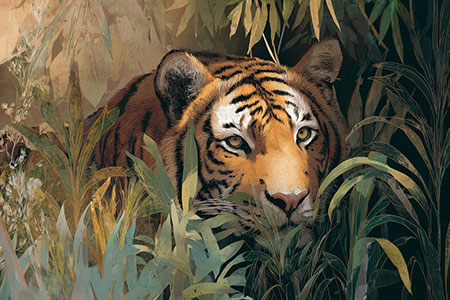 Tiger im Dschungel Illustration, Wandbild Kunstdruck auf Leinwand, als Acrylglasbild, auf Alu-Dibond oder als Poster.